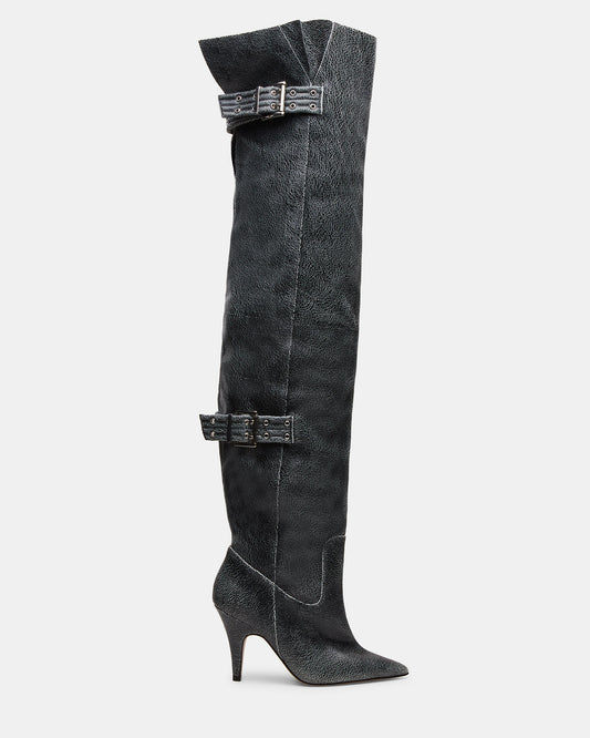 BADDIE Black Distressed Over-The-Knee Moto Women's Boot - Steve Madden