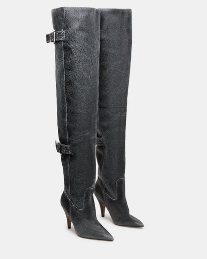 BADDIE Black Distressed Over-The-Knee Moto Women's Boot - Steve Madden