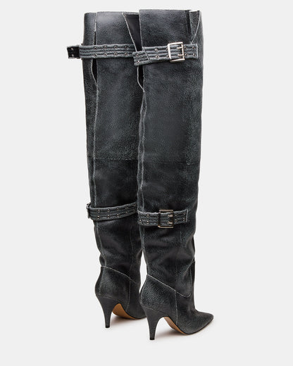 BADDIE Black Distressed Over-The-Knee Moto Women's Boot - Steve Madden