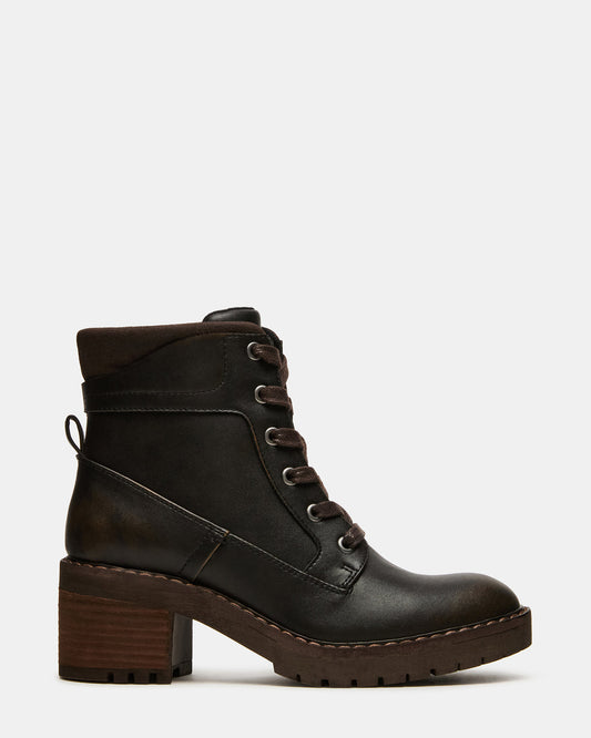 TUFF Dark Brown Lace-Up Block Heel Women's Ankle Boot - Steve Madden