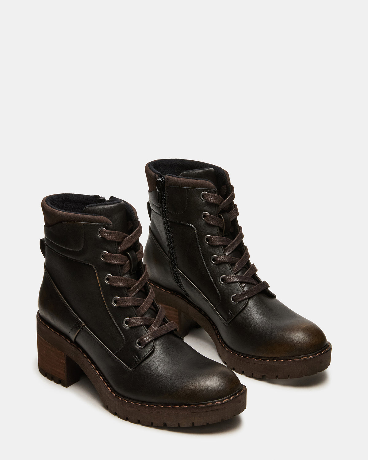 TUFF Dark Brown Lace-Up Block Heel Women's Ankle Boot - Steve Madden
