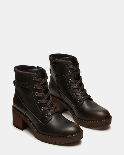 TUFF Dark Brown Lace-Up Block Heel Women's Ankle Boot - Steve Madden