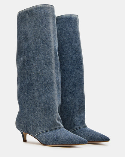 LUCA Denim Fabric Pointed-Toe Cuffed Kitten Heel Women's Boot - Steve Madden