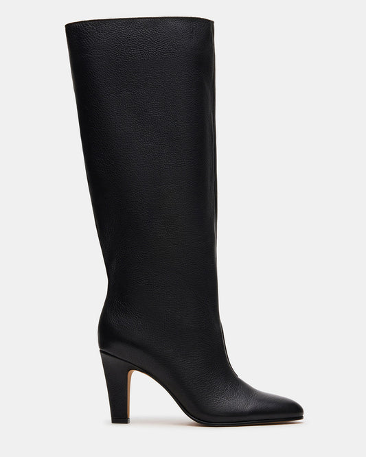 RIZK Black Leather Knee-High Rounded Toe Heeled Women's Boot - Steve Madden