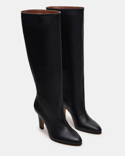 RIZK Black Leather Knee-High Rounded Toe Heeled Women's Boot - Steve Madden