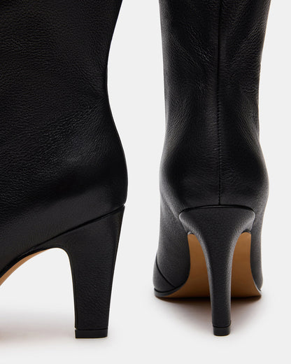 RIZK Black Leather Knee-High Rounded Toe Heeled Women's Boot - Steve Madden