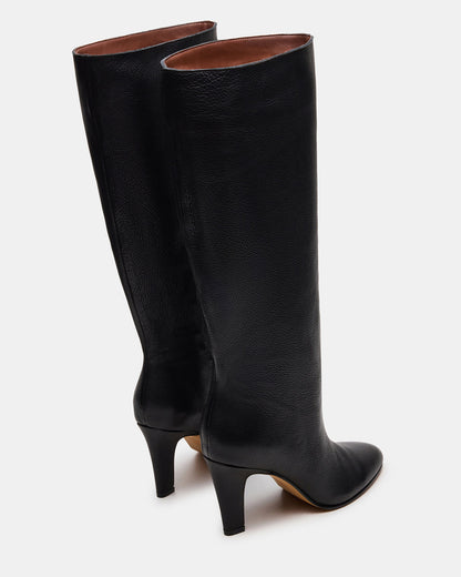 RIZK Black Leather Knee-High Rounded Toe Heeled Women's Boot - Steve Madden
