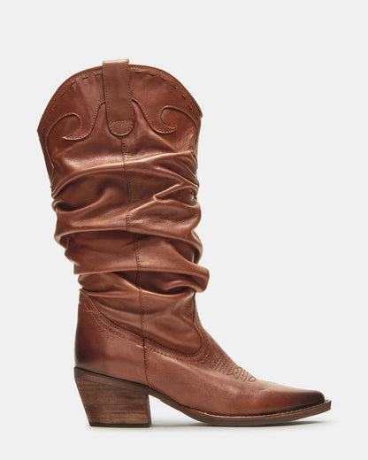 STAGE Cognac Leather Pointed-Toe Scrunched Western Women's Boot - Steve Madden