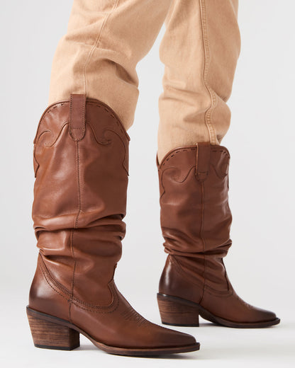 STAGE Cognac Leather Pointed-Toe Scrunched Western Women's Boot - Steve Madden