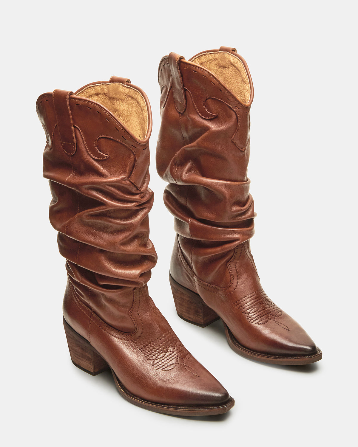 STAGE Cognac Leather Pointed-Toe Scrunched Western Women's Boot - Steve Madden