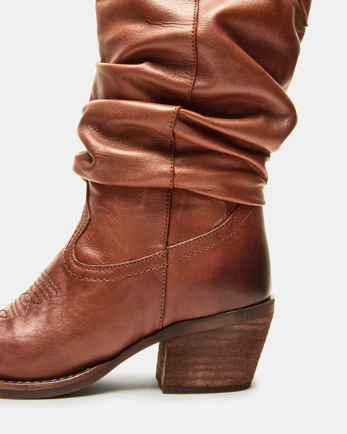 STAGE Cognac Leather Pointed-Toe Scrunched Western Women's Boot - Steve Madden