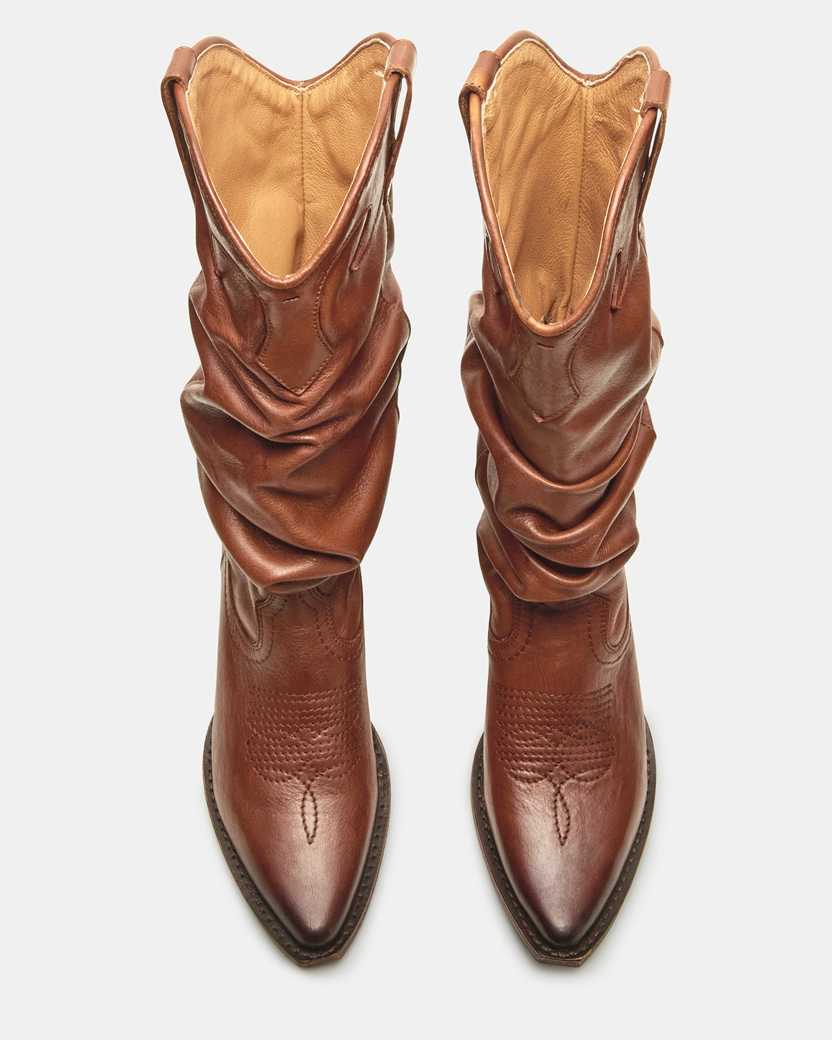 STAGE Cognac Leather Pointed-Toe Scrunched Western Women's Boot - Steve Madden