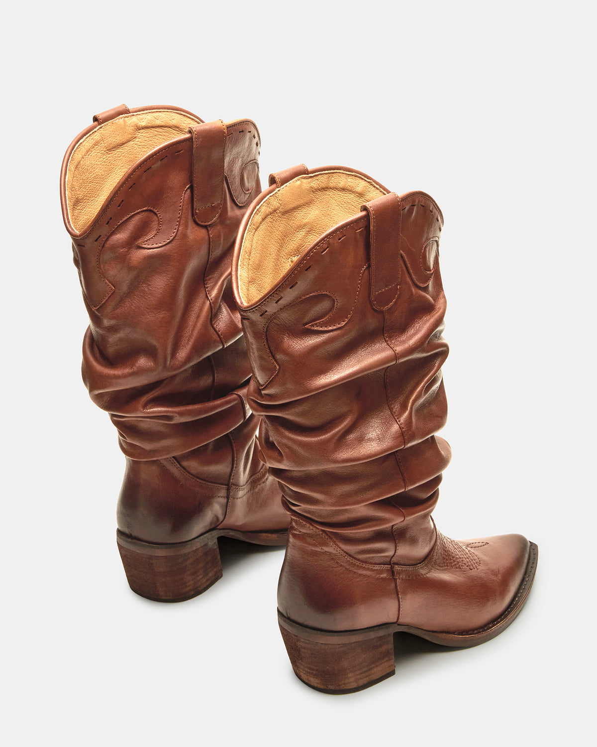 STAGE Cognac Leather Pointed-Toe Scrunched Western Women's Boot - Steve Madden