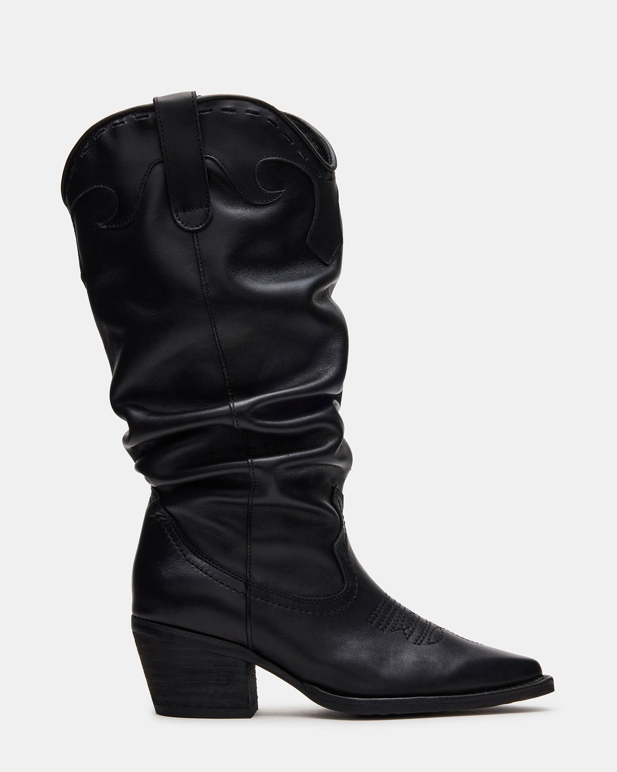 STAGE Black Leather Pointed-Toe Scrunched Western Women's Boot - Steve Madden