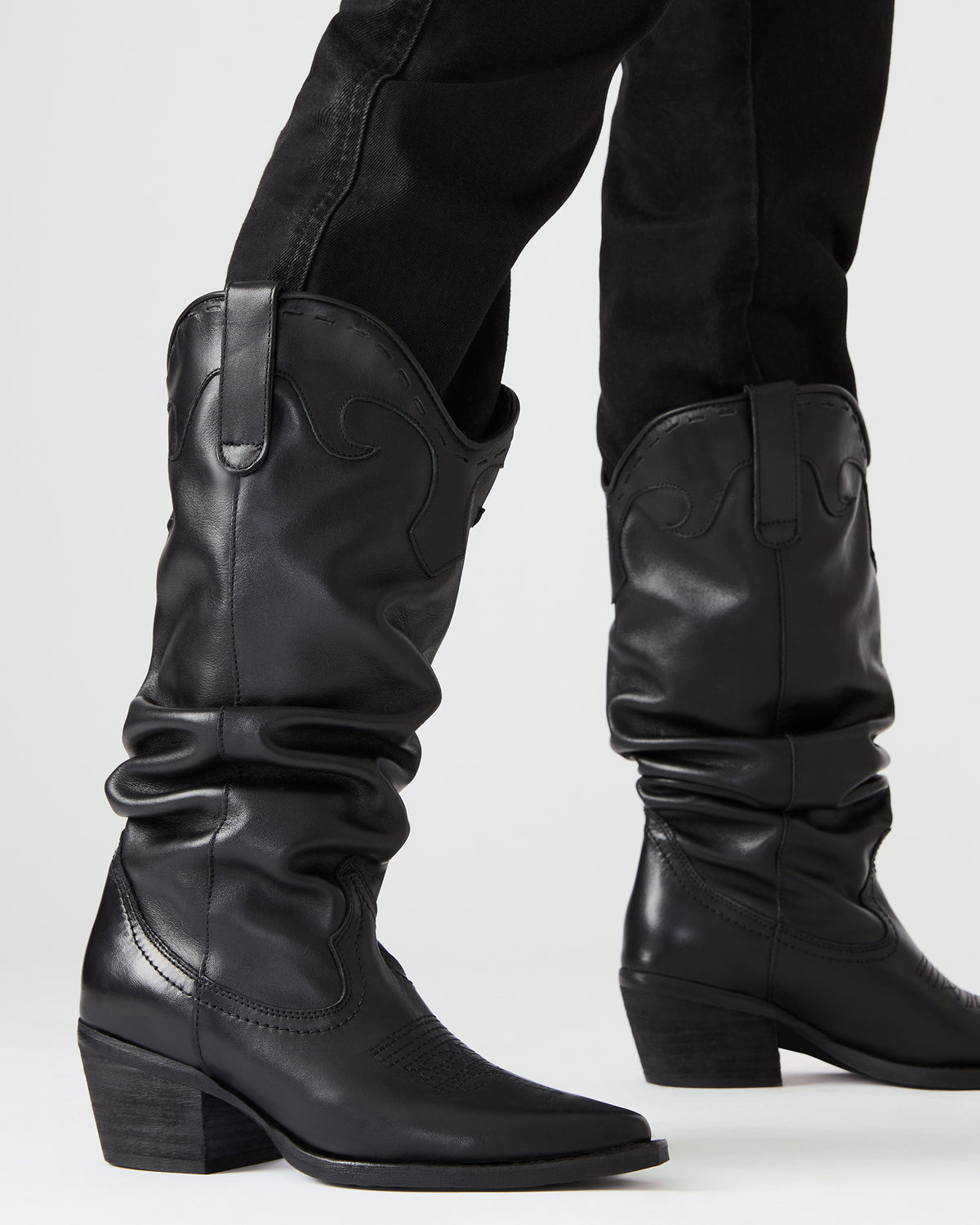 STAGE Black Leather Pointed-Toe Scrunched Western Women's Boot - Steve Madden