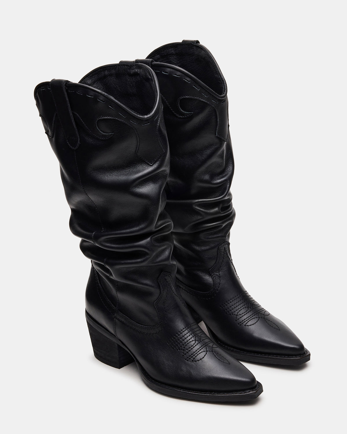 STAGE Black Leather Pointed-Toe Scrunched Western Women's Boot - Steve Madden