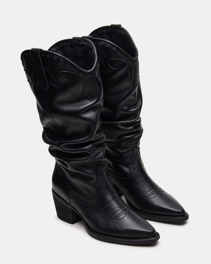 STAGE Black Leather Pointed-Toe Scrunched Western Women's Boot - Steve Madden