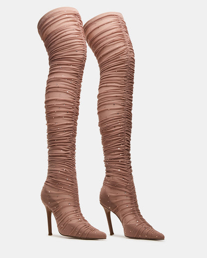 RASHIDA Blush Mesh Over-The-Knee Pointed-Toe Rhinestone Stiletto Heel Women's Boot - Steve Madden