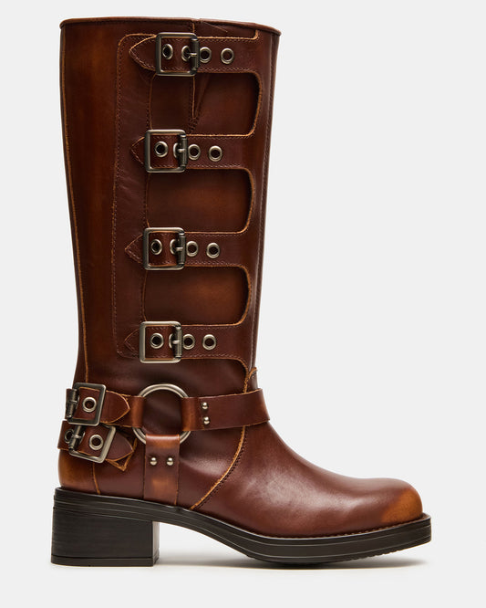 ROCKY Cognac Distressed Knee-High Moto Women's Boot - Steve Madden