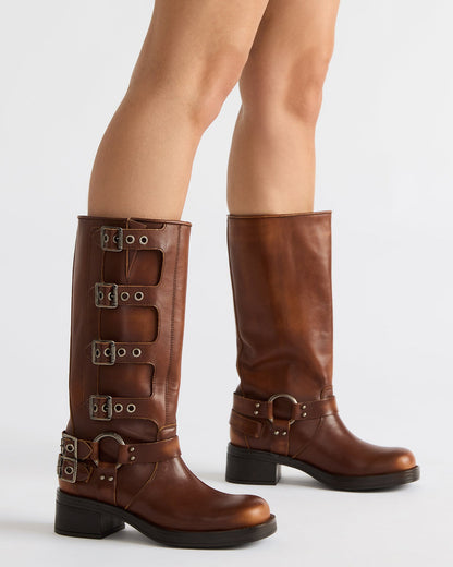 ROCKY Cognac Distressed Knee-High Moto Women's Boot - Steve Madden