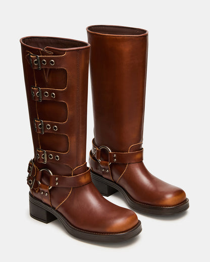 ROCKY Cognac Distressed Knee-High Moto Women's Boot - Steve Madden