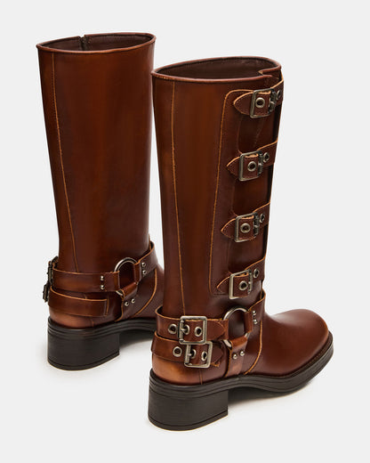 ROCKY Cognac Distressed Knee-High Moto Women's Boot - Steve Madden