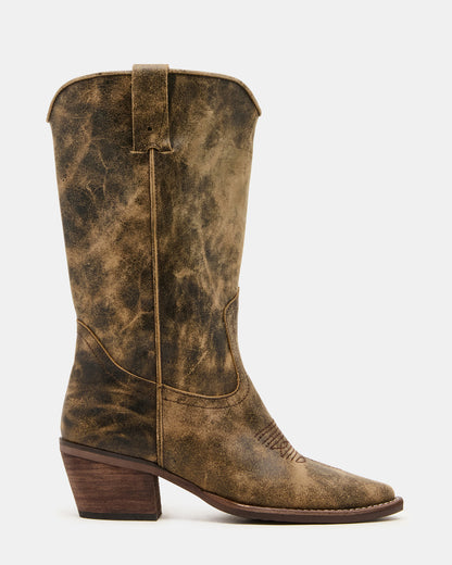 ALBANY Brown Distressed Wide Calf Pointed-Toe Women's Western Boot - Steve Madden