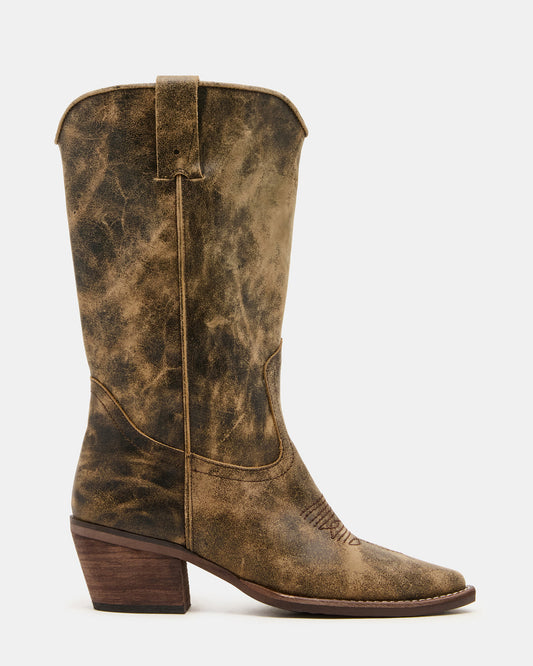 ALBANY Brown Distressed Wide Calf Pointed-Toe Women's Western Boot - Steve Madden