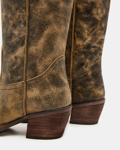 ALBANY Brown Distressed Wide Calf Pointed-Toe Women's Western Boot - Steve Madden