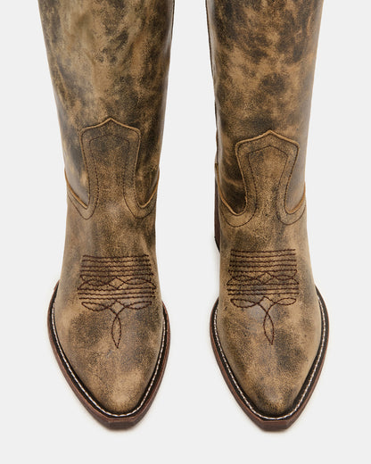 ALBANY Brown Distressed Wide Calf Pointed-Toe Women's Western Boot - Steve Madden
