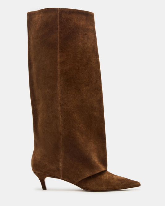LUCA Chestnut Suede Pointed-Toe Cuffed Kitten Heel Women's Boot - Steve Madden