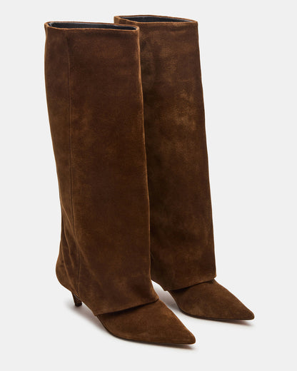LUCA Chestnut Suede Pointed-Toe Cuffed Kitten Heel Women's Boot - Steve Madden