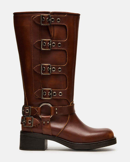 ROCKY Cognac Distressed Wide Calf Knee-High Moto Women's Boot - Steve Madden