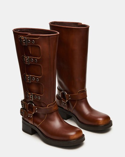 ROCKY Cognac Distressed Wide Calf Knee-High Moto Women's Boot - Steve Madden