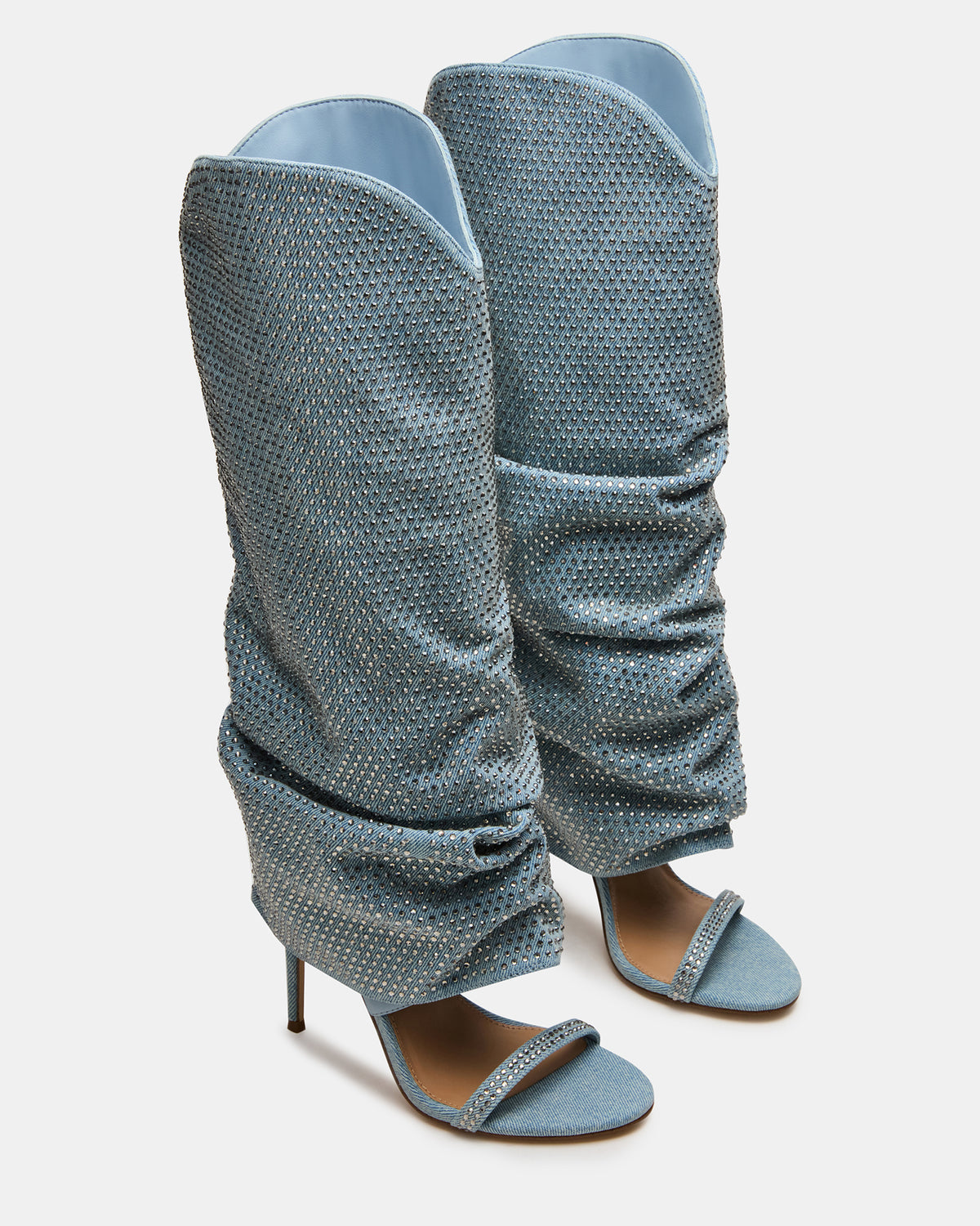RAVINE Denim Rhinestones Knee-High Cuffed Stiletto Heel Women's Boot - Steve Madden