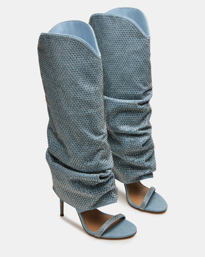 RAVINE Denim Rhinestones Knee-High Cuffed Stiletto Heel Women's Boot - Steve Madden