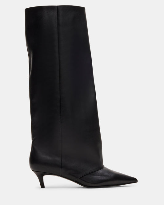 LUCA Black Leather Pointed-Toe Cuffed Kitten Heel Women's Boot - Steve Madden