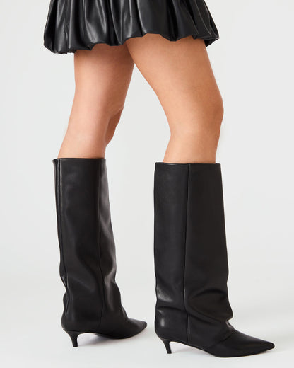 LUCA Black Leather Pointed-Toe Cuffed Kitten Heel Women's Boot - Steve Madden