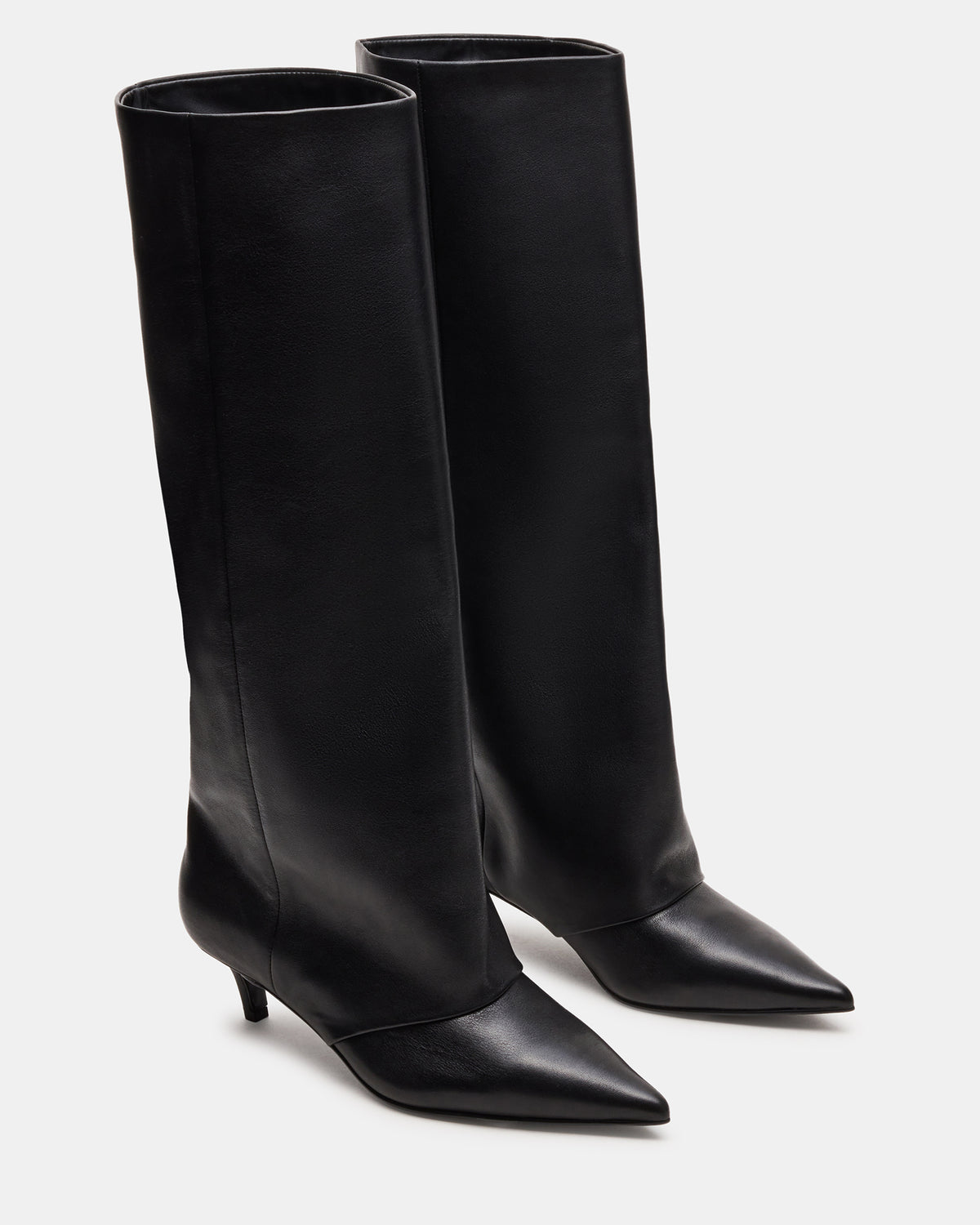 LUCA Black Leather Pointed-Toe Cuffed Kitten Heel Women's Boot - Steve Madden