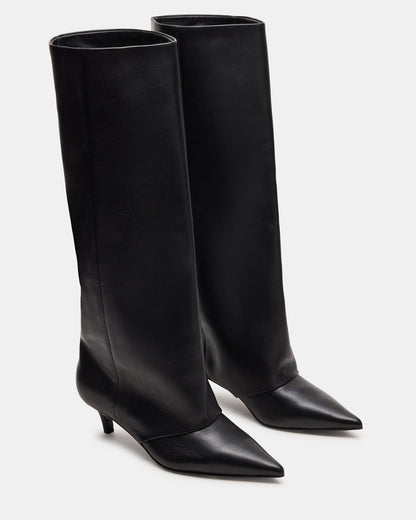 LUCA Black Leather Pointed-Toe Cuffed Kitten Heel Women's Boot - Steve Madden
