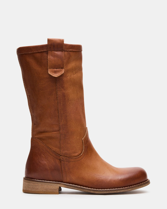 RUBEN Cognac Leather Rounded Toe Women's Boot - Steve Madden