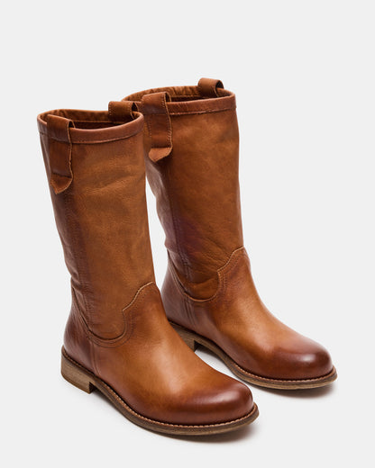 RUBEN Cognac Leather Rounded Toe Women's Boot - Steve Madden