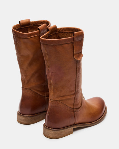 RUBEN Cognac Leather Rounded Toe Women's Boot - Steve Madden