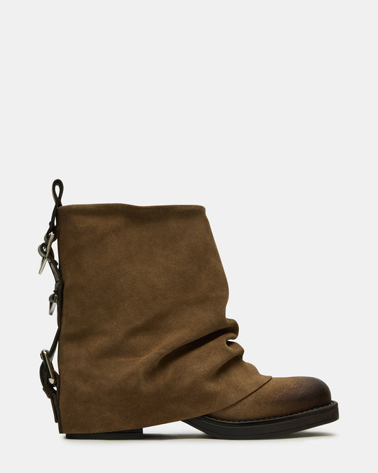BENJI Taupe Suede Cuffed Fold-Over Moto Buckle Women's Ankle Boot - Steve Madden