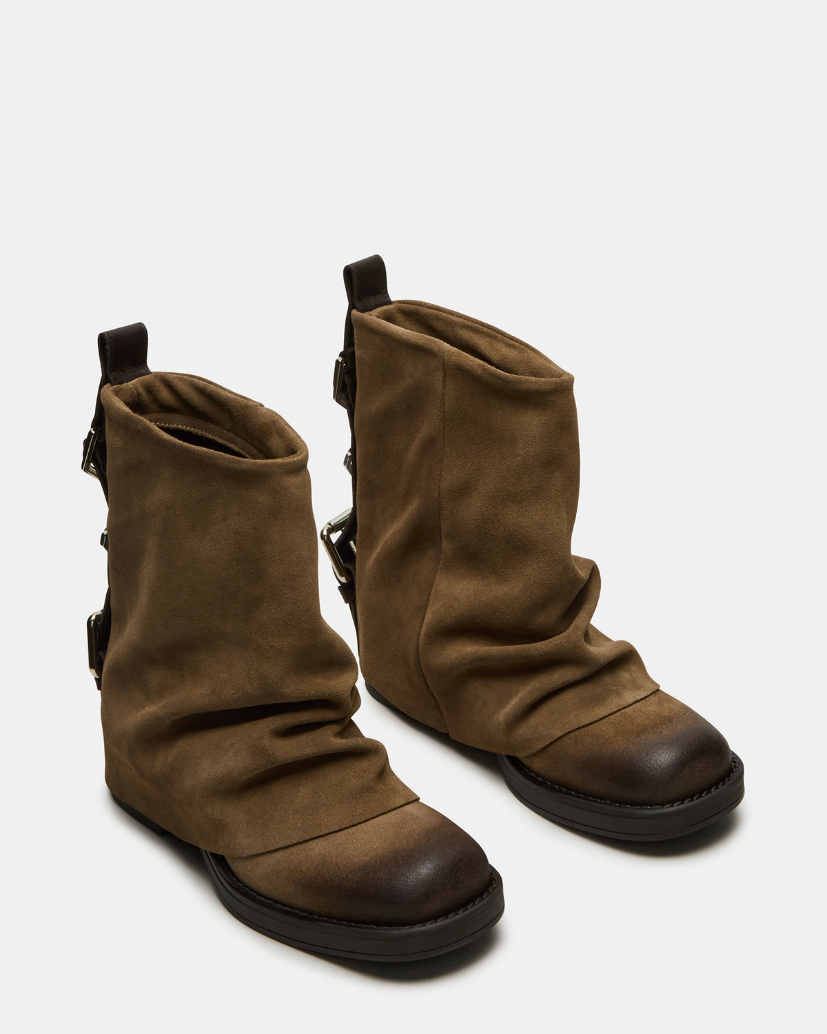 BENJI Taupe Suede Cuffed Fold-Over Moto Buckle Women's Ankle Boot - Steve Madden