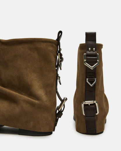 BENJI Taupe Suede Cuffed Fold-Over Moto Buckle Women's Ankle Boot - Steve Madden