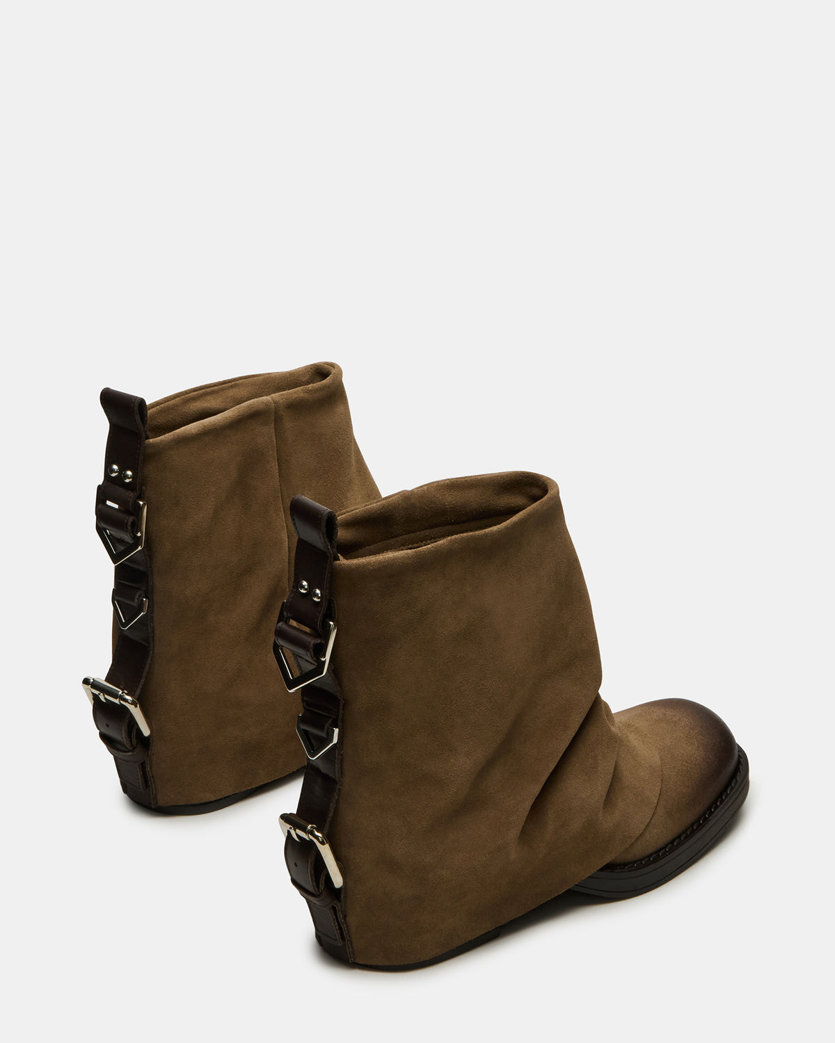 BENJI Taupe Suede Cuffed Fold-Over Moto Buckle Women's Ankle Boot - Steve Madden
