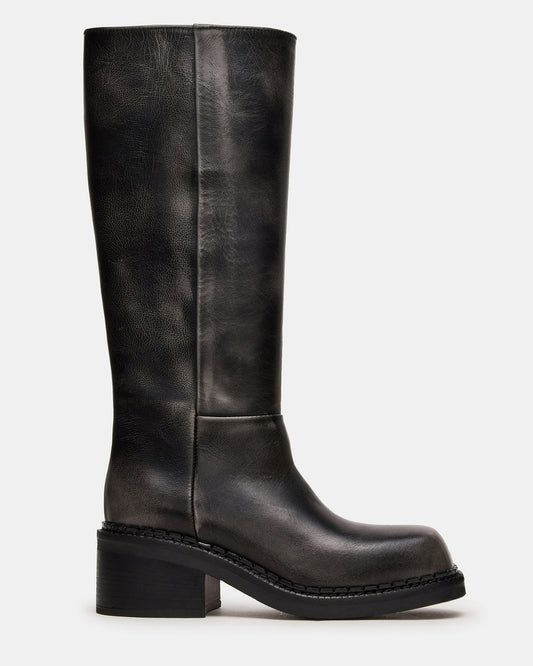 DAVOS Black Distressed Square-Toe Knee High Block Heel Women's Boot - Steve Madden
