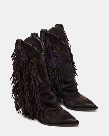 LANDMARK Brown Leopard Cuffed Fringe Western Women's Ankle Boot - Steve Madden