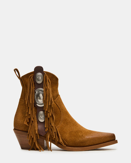LARAMIE Chestnut Suede Fringe Western Pointed-Toe Women's Ankle Boot - Steve Madden